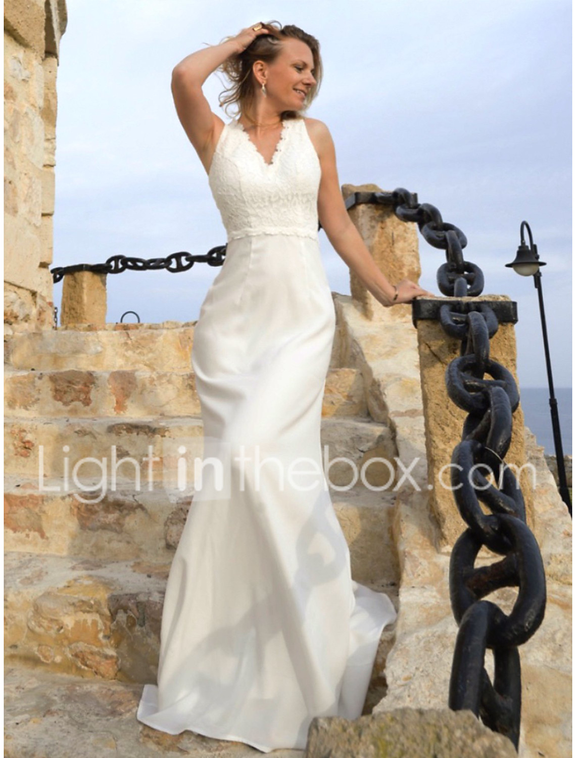 Mermaid Trumpet V Neck Sweep Brush Train Lace Chiffon Over